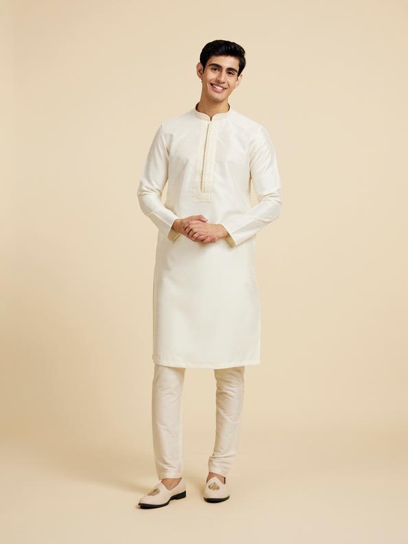 Diwas Men Cream White Plain Kurta with Rhinestone Embellished Neckline