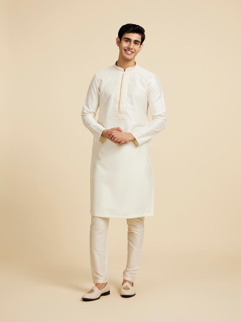 Diwas Men Cream White Plain Kurta with Rhinestone Embellished Neckline