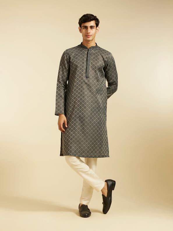 Diwas Men Davy Grey Jaal Patterned Kurta