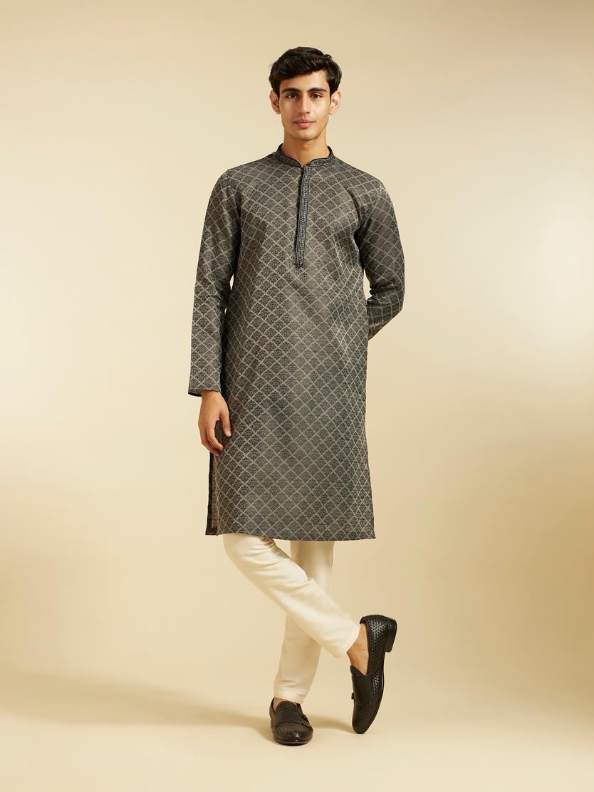 Diwas Men Davy Grey Jaal Patterned Kurta