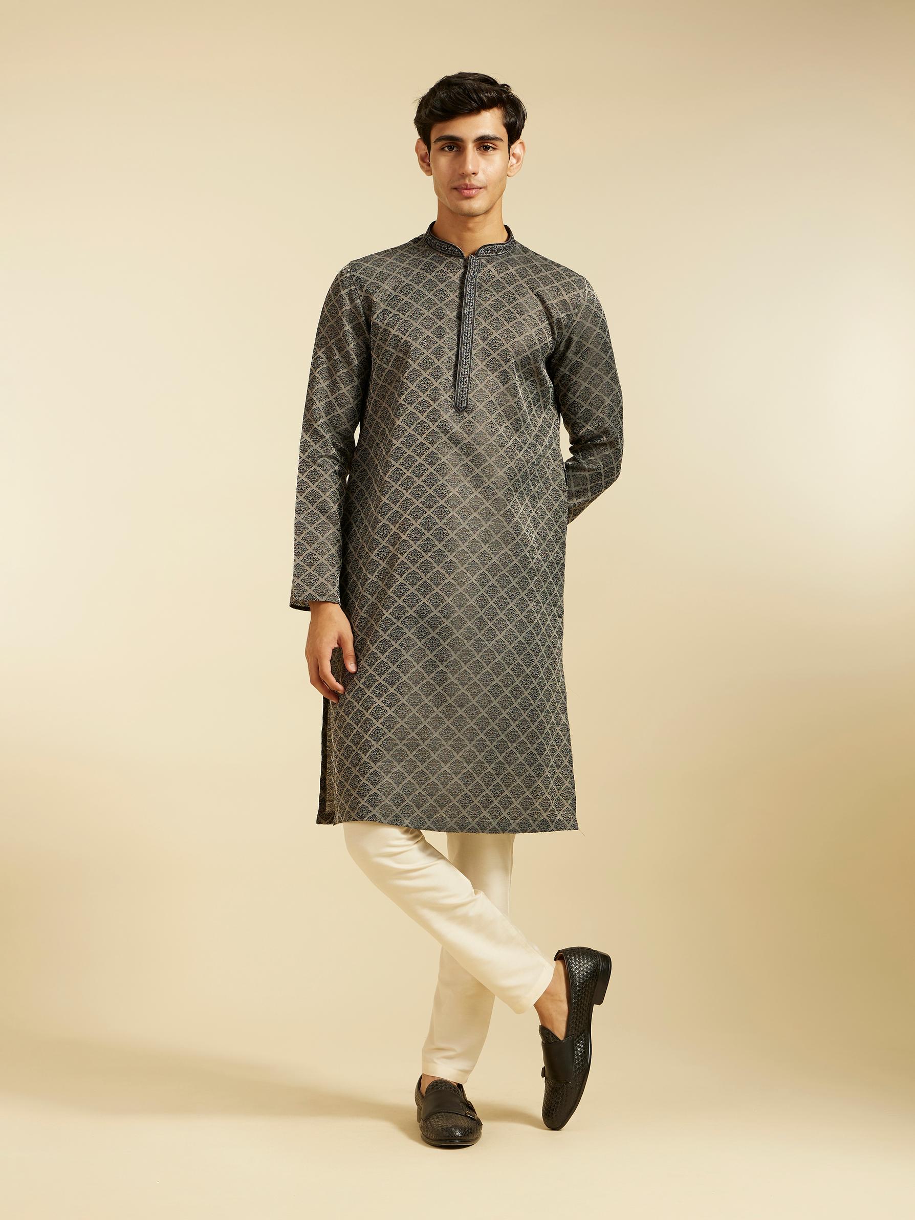 Diwas Men Davy Grey Jaal Patterned Kurta