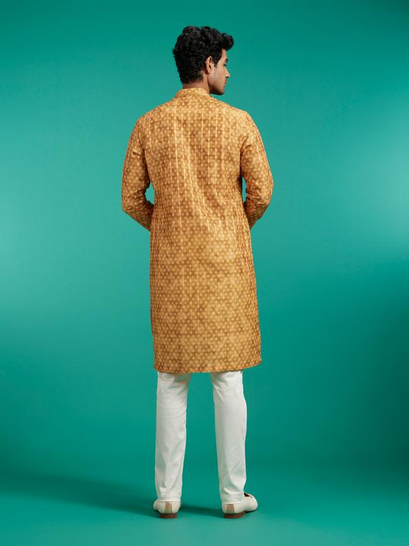 Diwas Men Mustard Yellow Bandhani Printed Angrakha Style Kurta