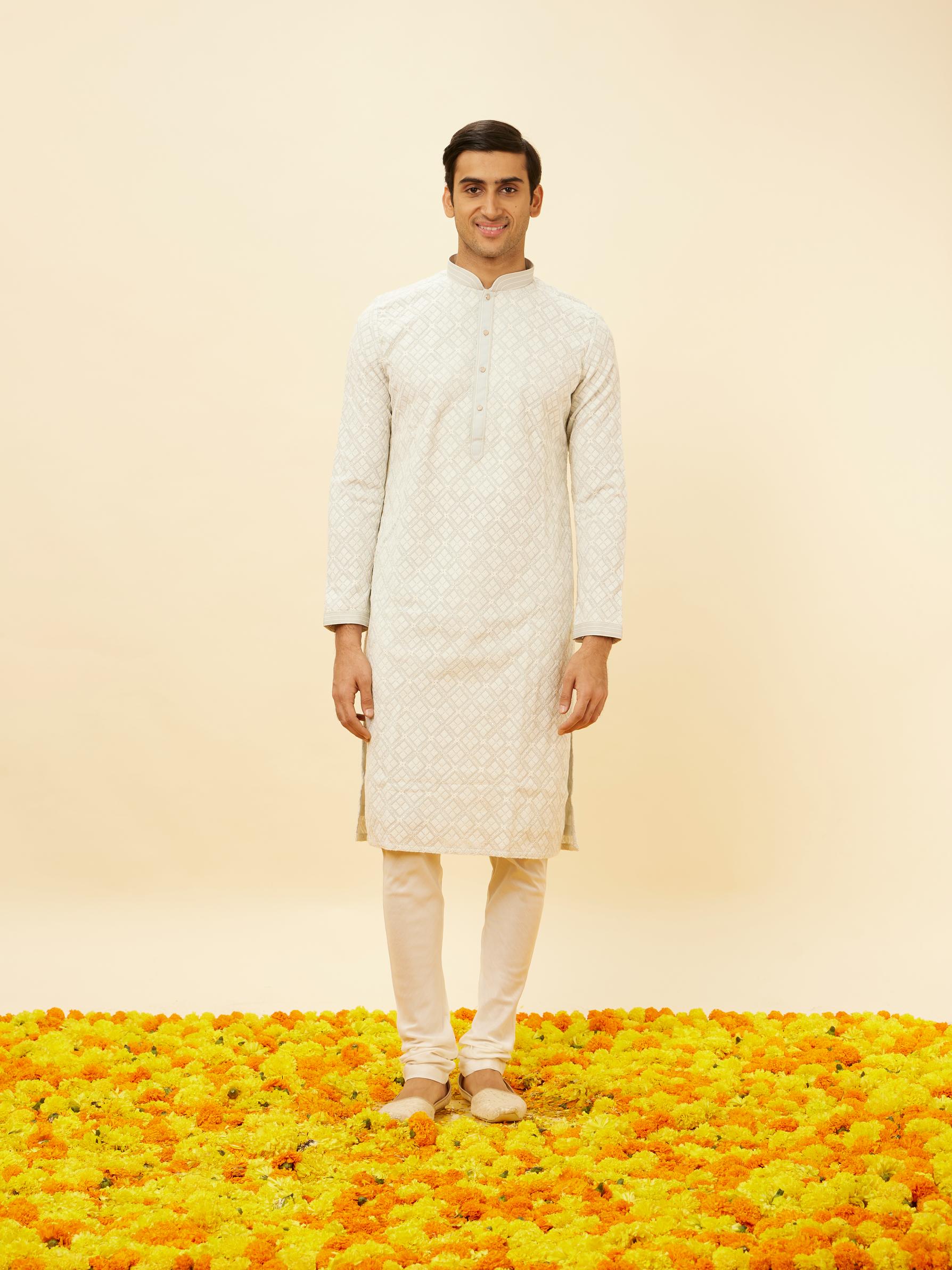 Twamev Men Mist Blue Sequined Chikankari Kurta Set