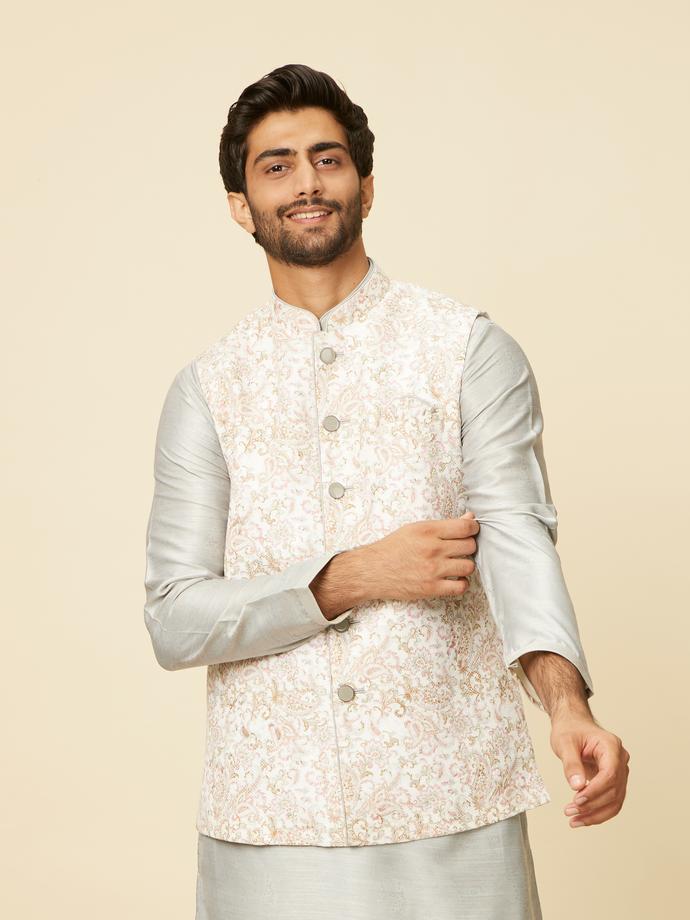 Twamev Men Warm White Light Grey Floral Bel Buti Patterned Jacket