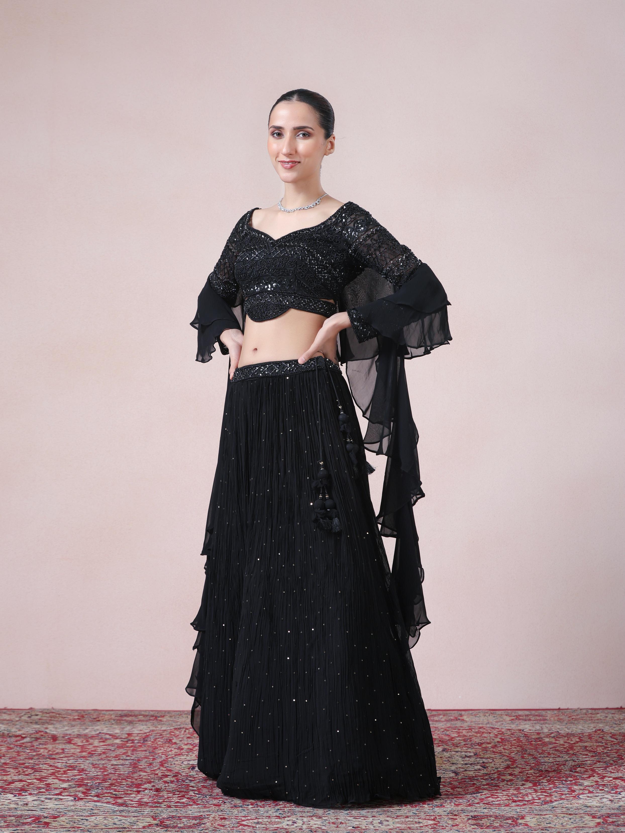 Twamev Women Glamourous Black Georgette Skirt Top Set