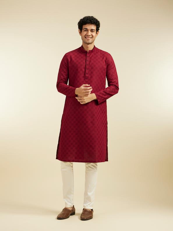 Diwas Men Maroon Red Grid Patterned Kurta with Embroidered Placket