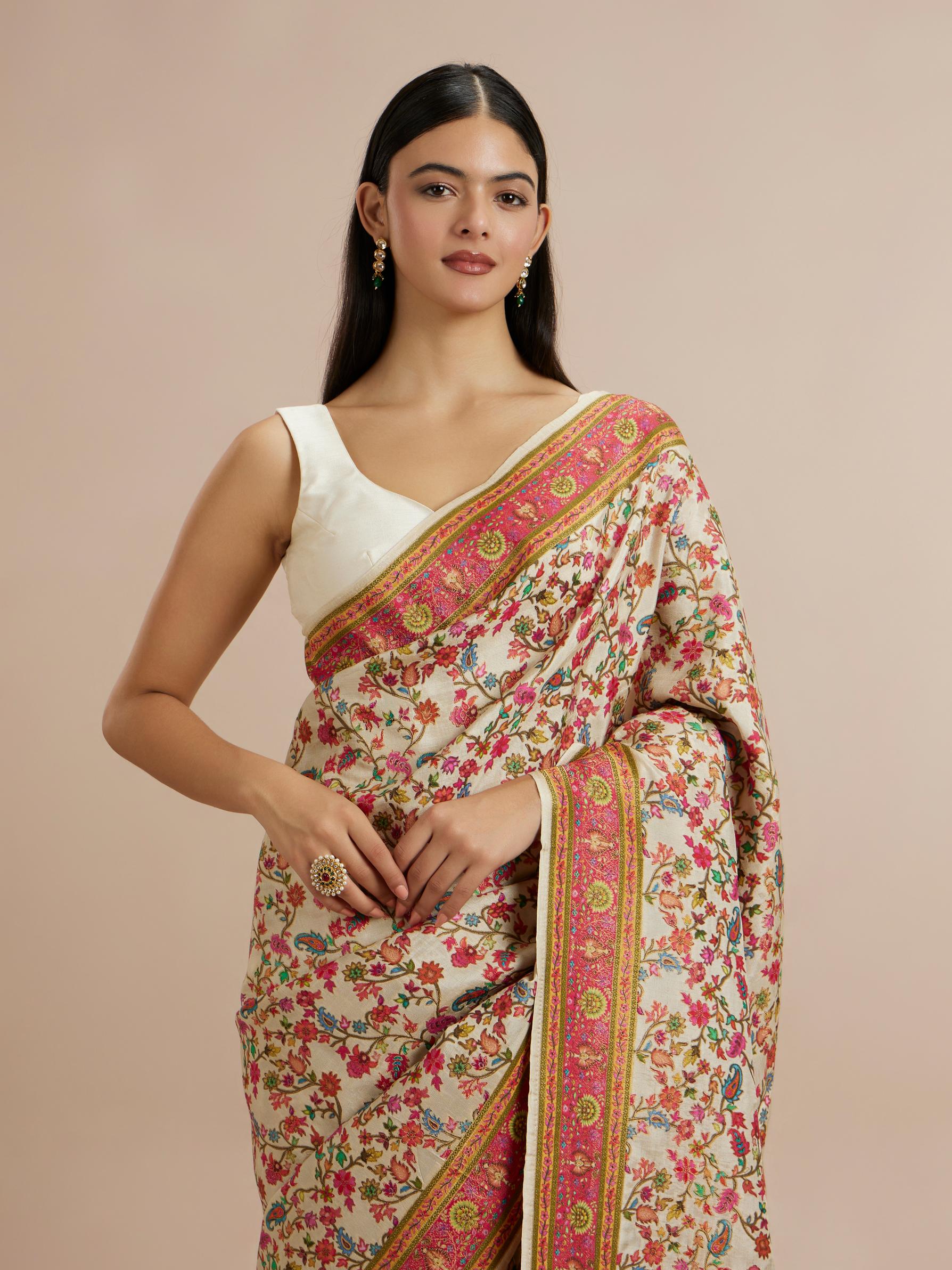 Twamev Women Enchanting Cream Saree with Unstitched Blouse