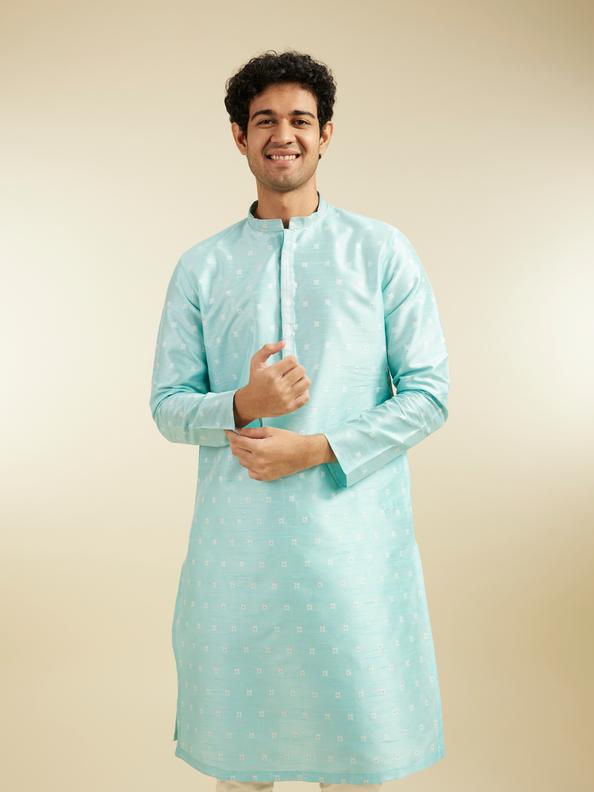 Diwas Men Aqua Green Buta Embroidered Kurta with Sequin
