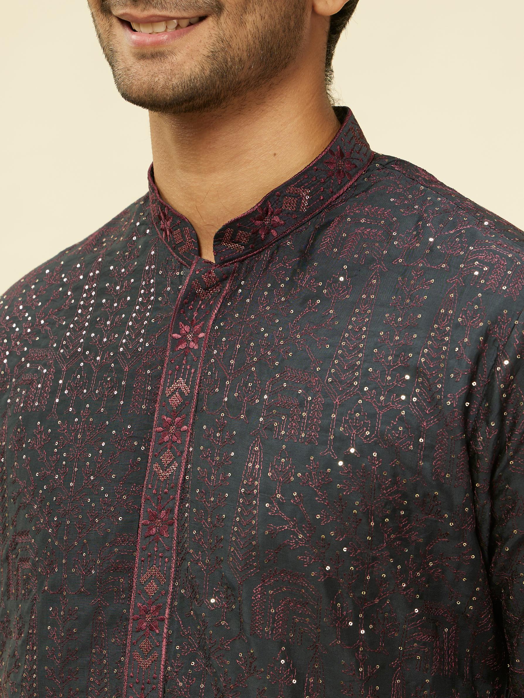 Twamev Men Enigmatic Dark Grey Sequin Kurta Set with Dupatta