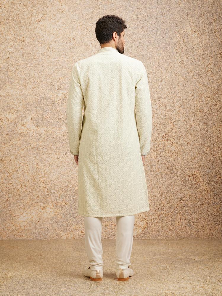 Twamev Men Pista Green Chikankari Kurta Set