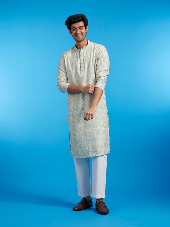 Diwas Men Soft Green Paisley Patterned Kurta with Rhinestones