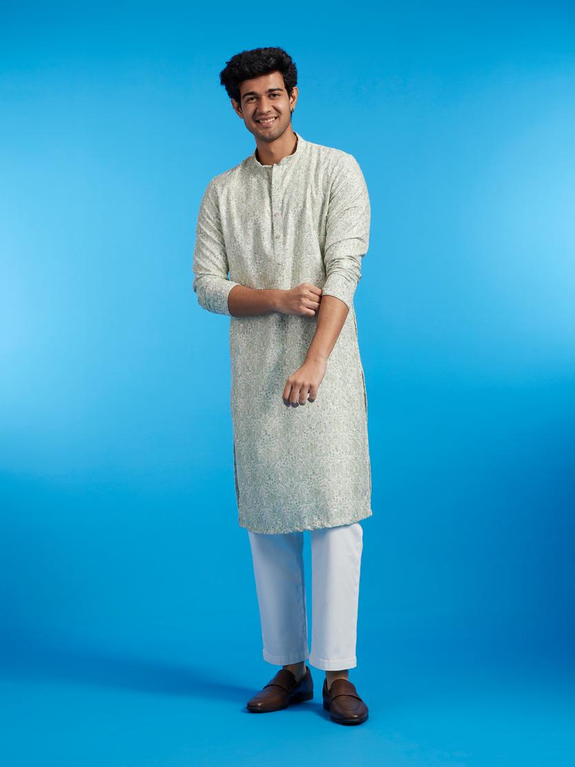 Diwas Men Soft Green Paisley Patterned Kurta with Rhinestones