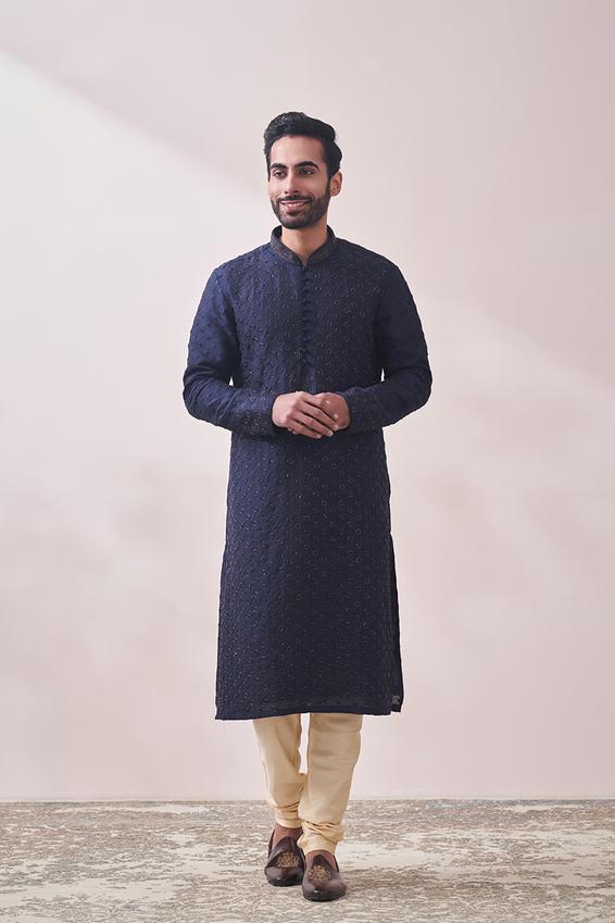 Twamev Men Navy Blue Self Design Kurta Set