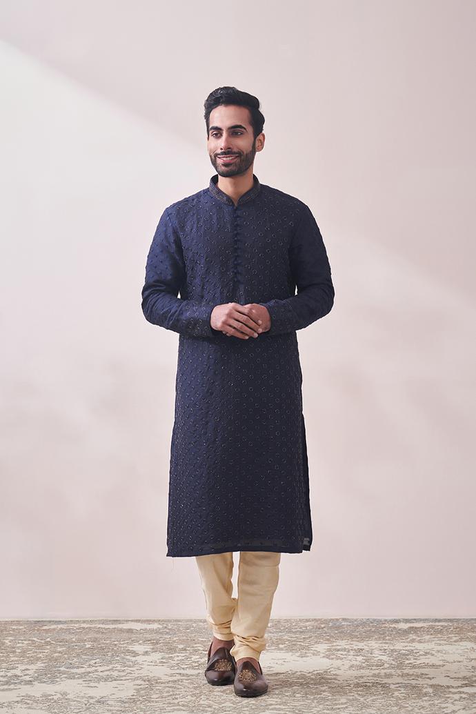 Twamev Men Navy Blue Self Design Kurta Set
