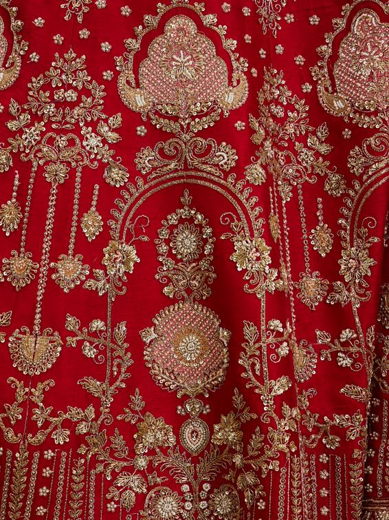 Twamev Women Tomato Red Zari Embroidered Lehenga with Medallion And Buta Motifs