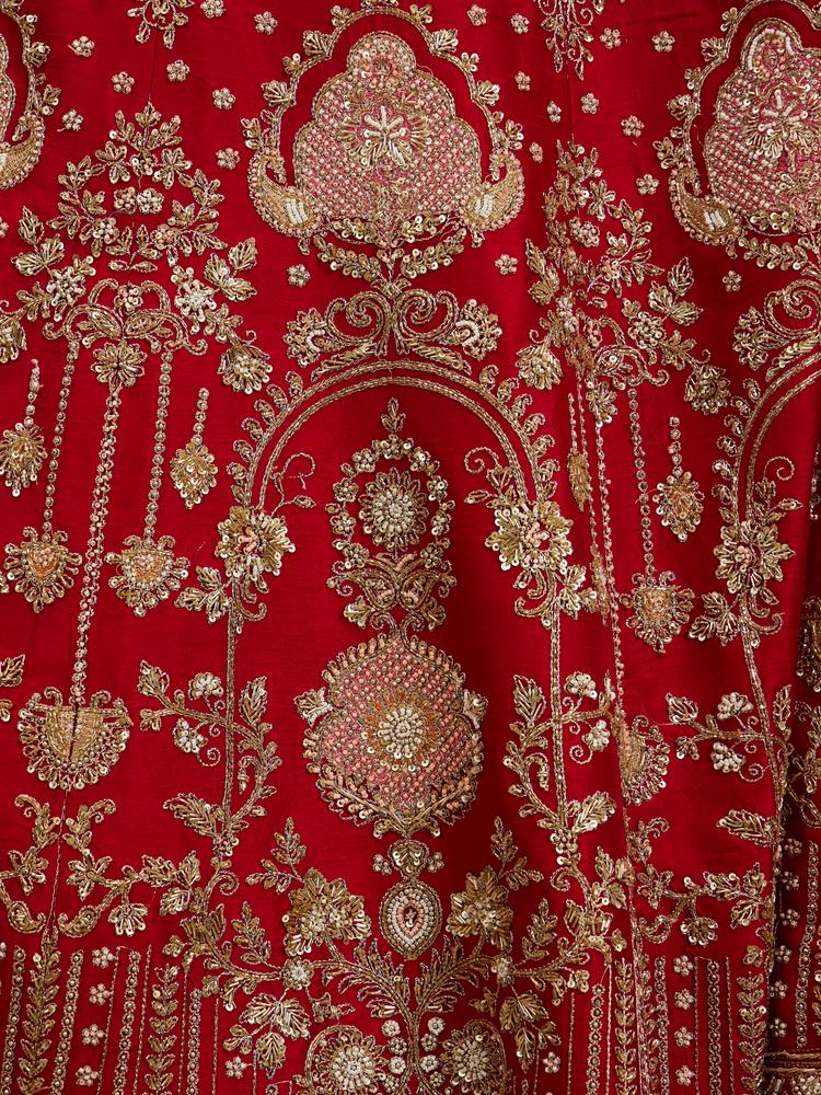 Twamev Women Tomato Red Zari Embroidered Lehenga with Medallion And Buta Motifs