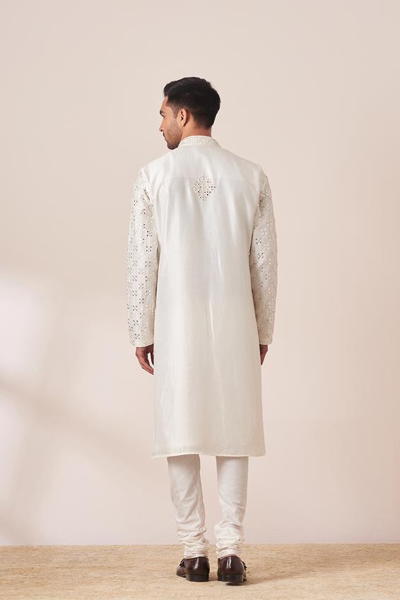 Twamev Men White Mirror Work Kurta Pajama