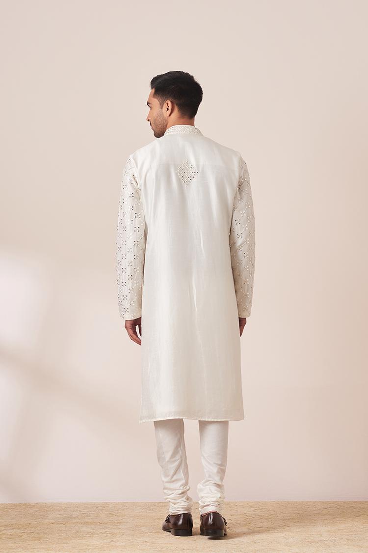 Twamev Men White Mirror Work Kurta Pajama