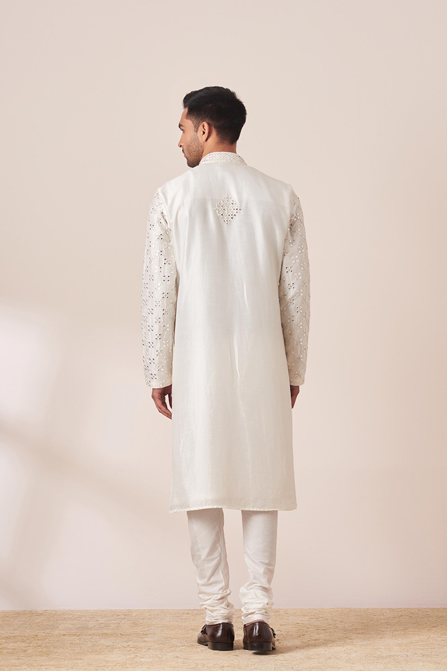Twamev Men White Mirror Work Kurta Pajama