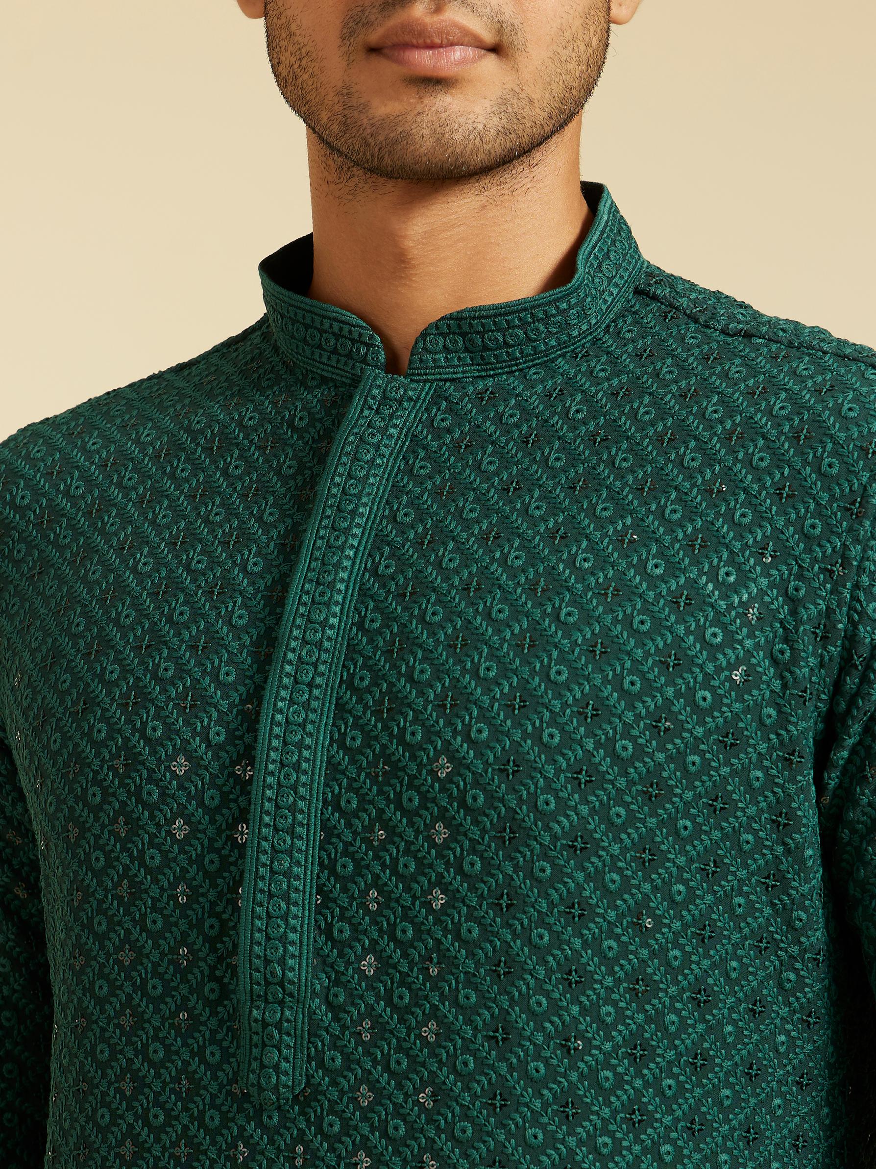 Diwas Men Bottle Green Chikankari Kurta with Sequin