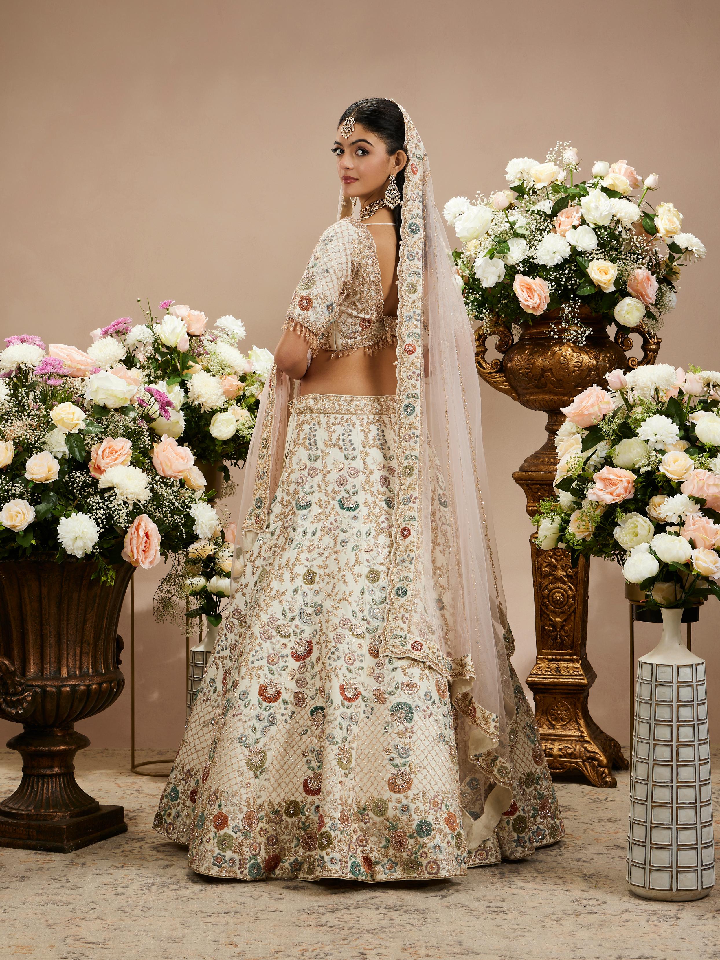 Twamev Women Cream White Bel Embroidered Lehenga with Floral Motifs, Sequin Work And Zari Work