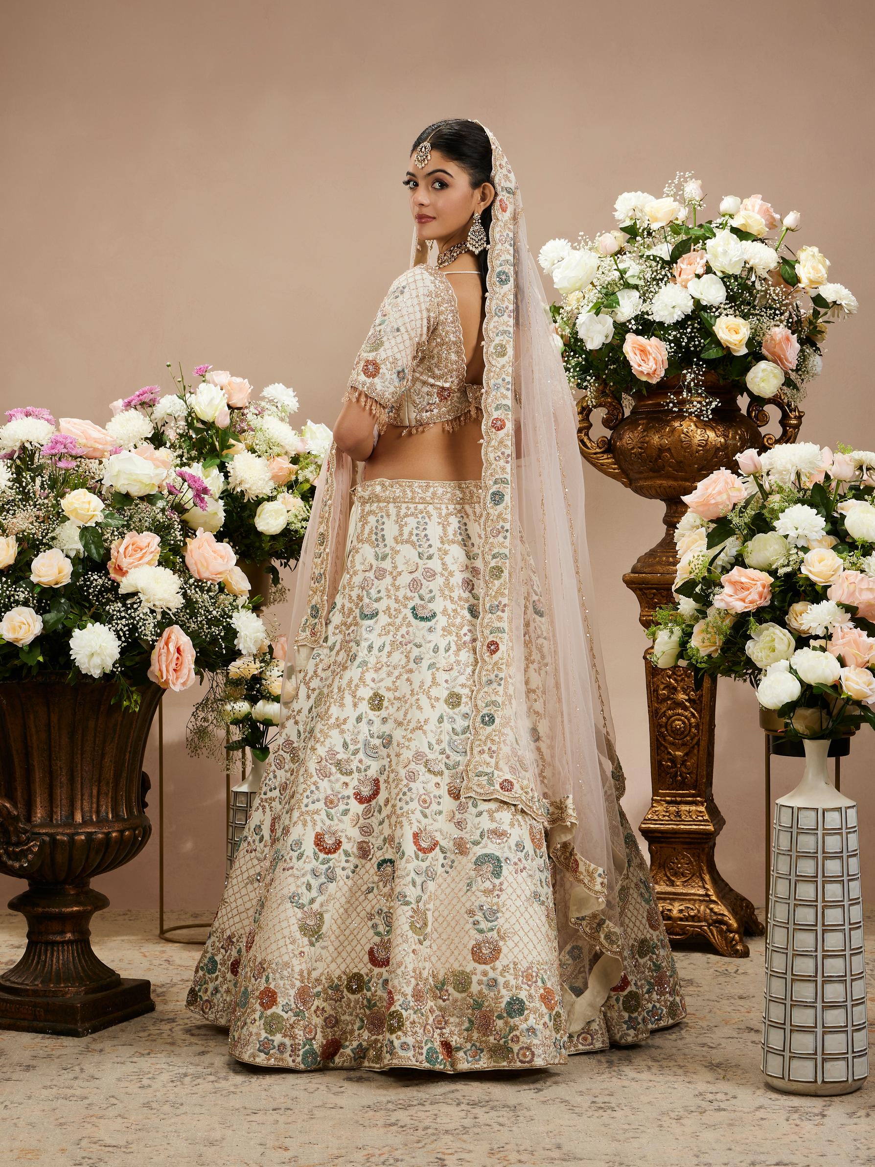 Twamev Women Cream White Bel Embroidered Lehenga with Floral Motifs, Sequin Work And Zari Work