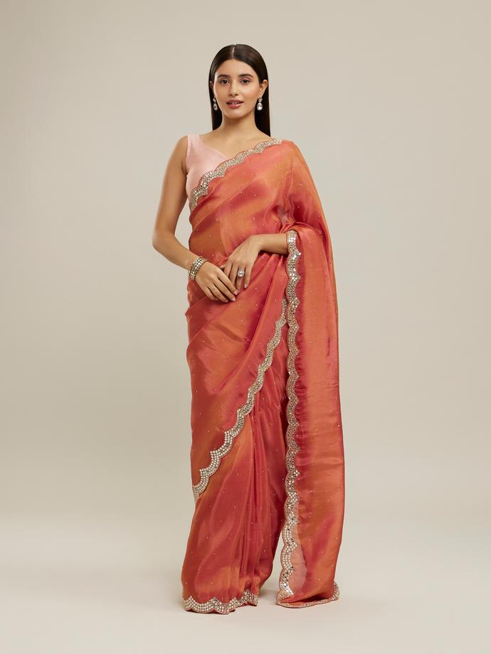 Twamev Women Glorious Rust Red Tissue Saree
