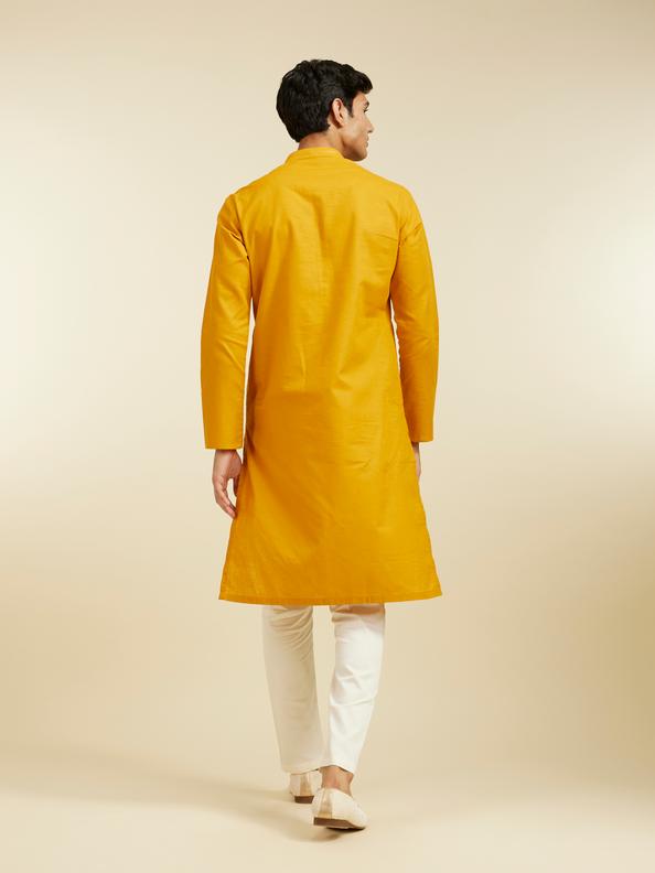 Diwas Men Mustard Yellow Plain Kurta With Embroidered Collar