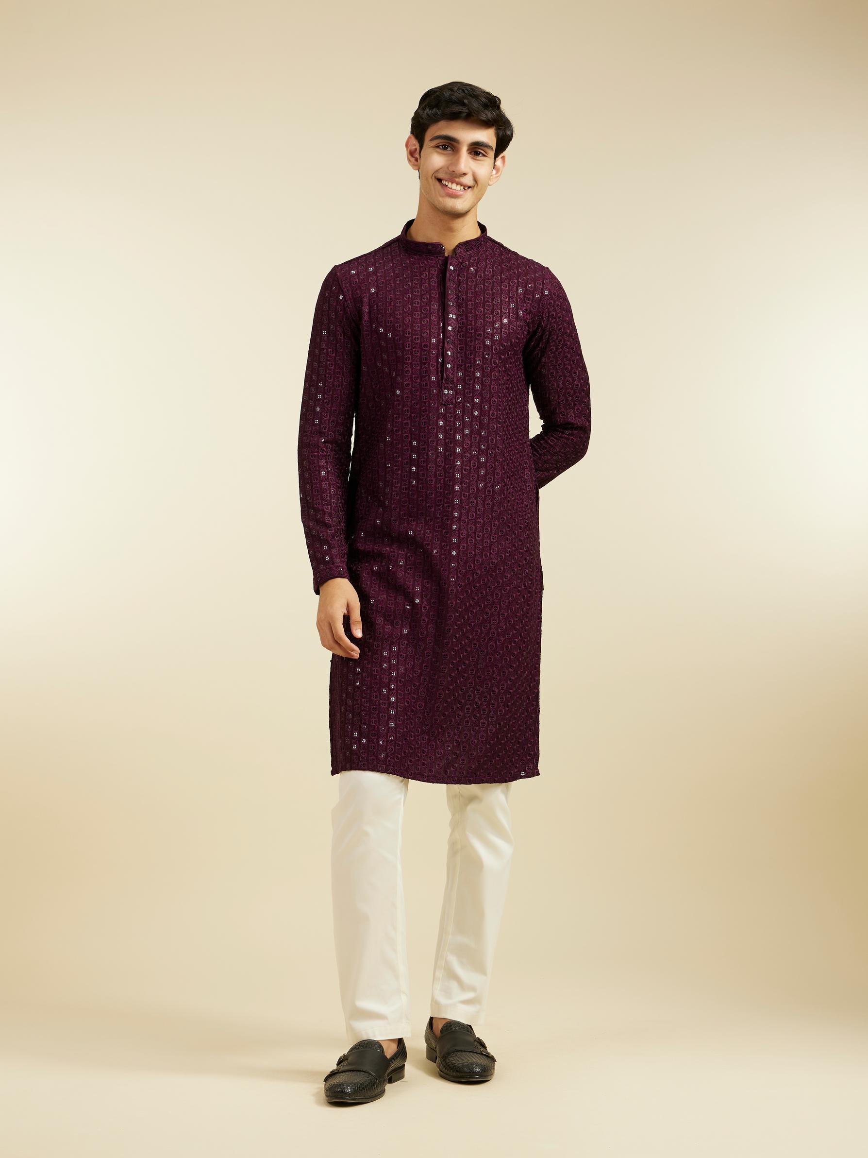 Diwas Men Royal Purple Chikankari Sequinned Kurta