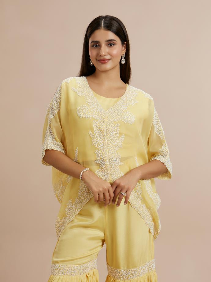 Twamev Women Grandeur Yellow Organza Stitched Suit