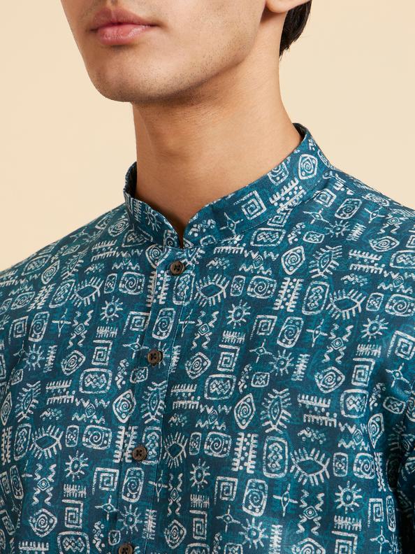 Diwas Men Teal Green Aztec Printed Kurta