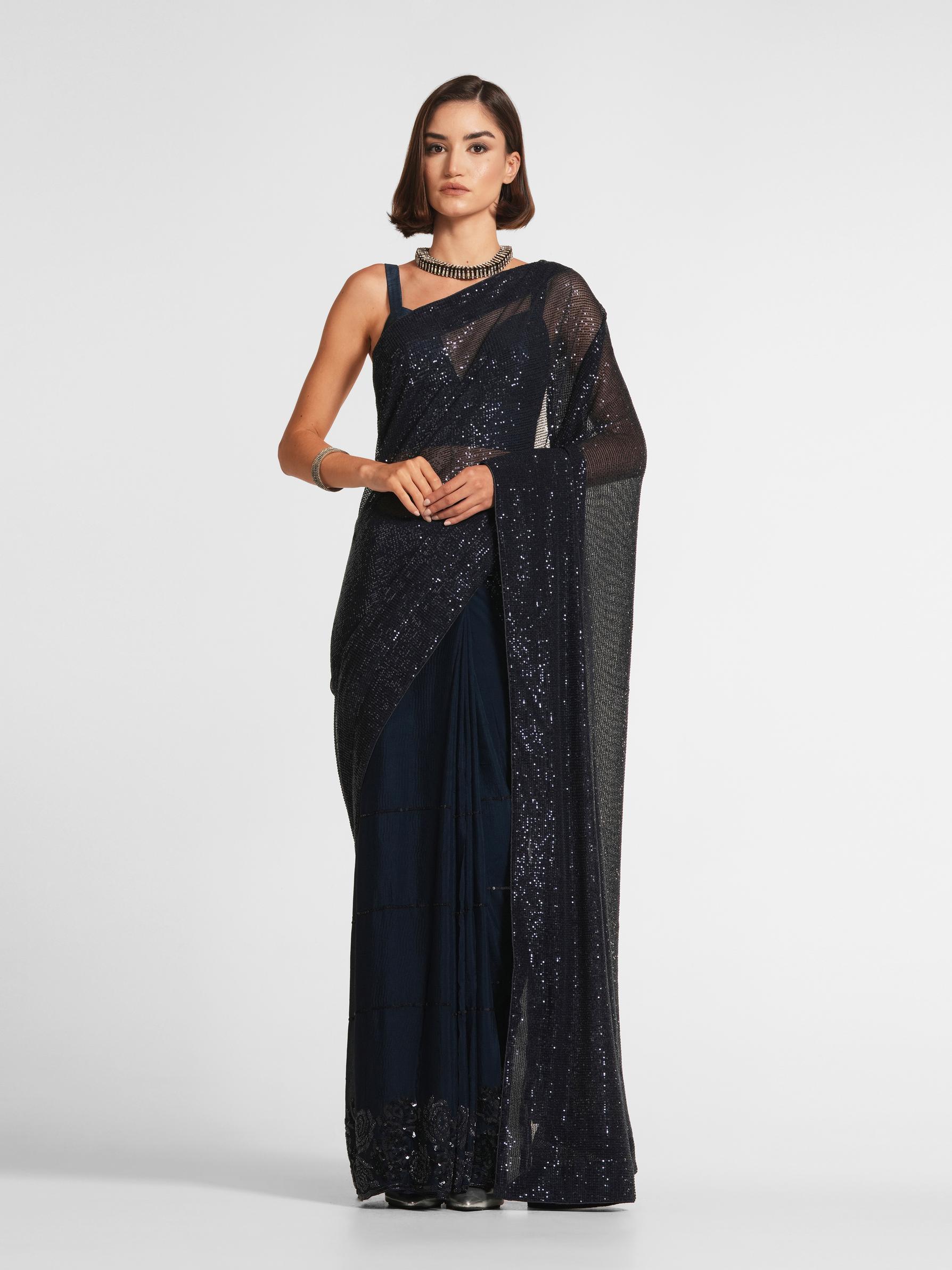Twamev Women Indigo Bliss Knitted Saree