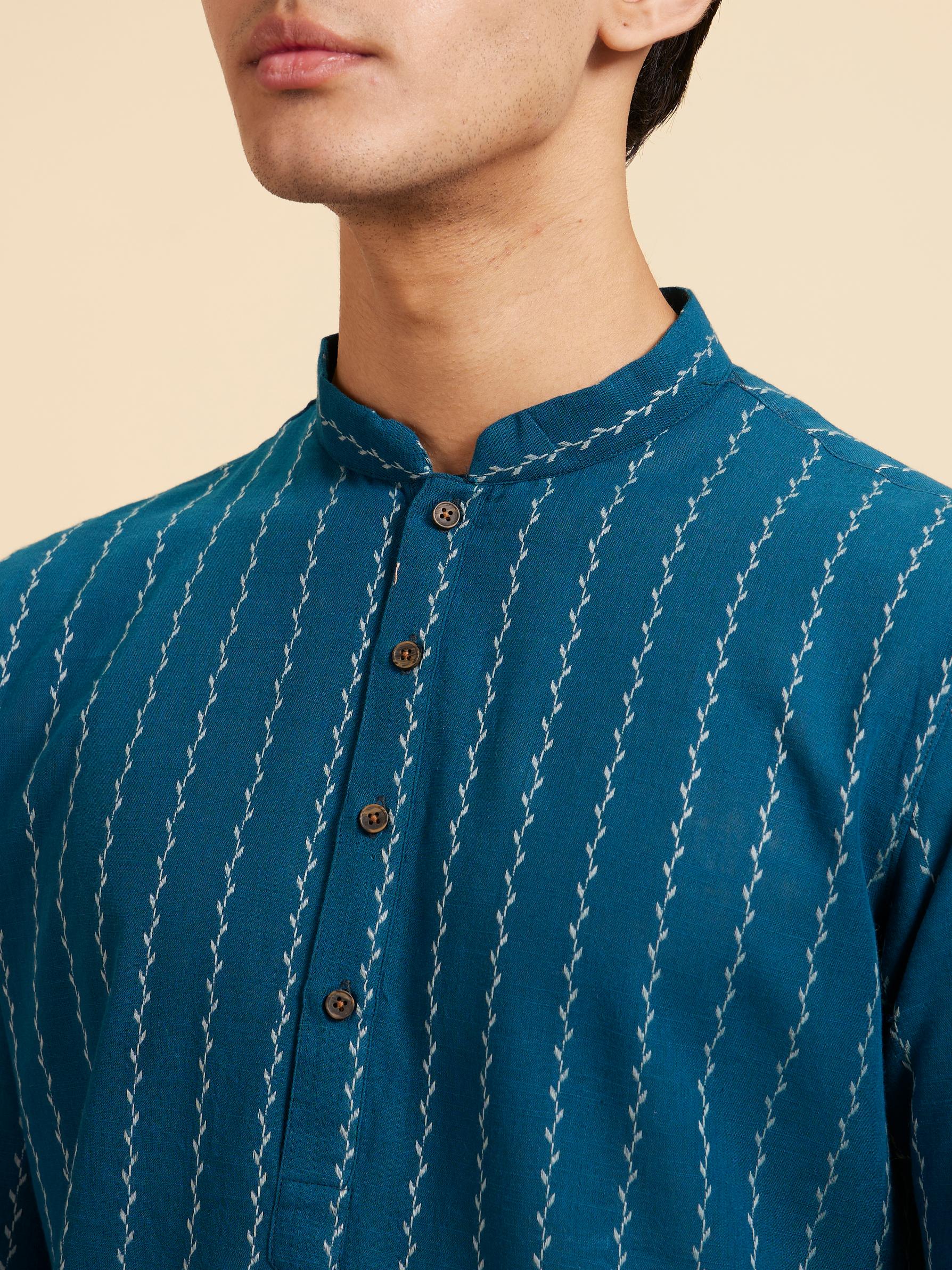 Diwas Men Teal Blue Bel Printed Kurta