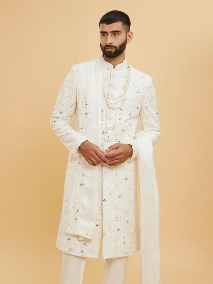 Twamev Men Cream White Cut Out Jaal Patterned Sherwani Set with Mirror Work