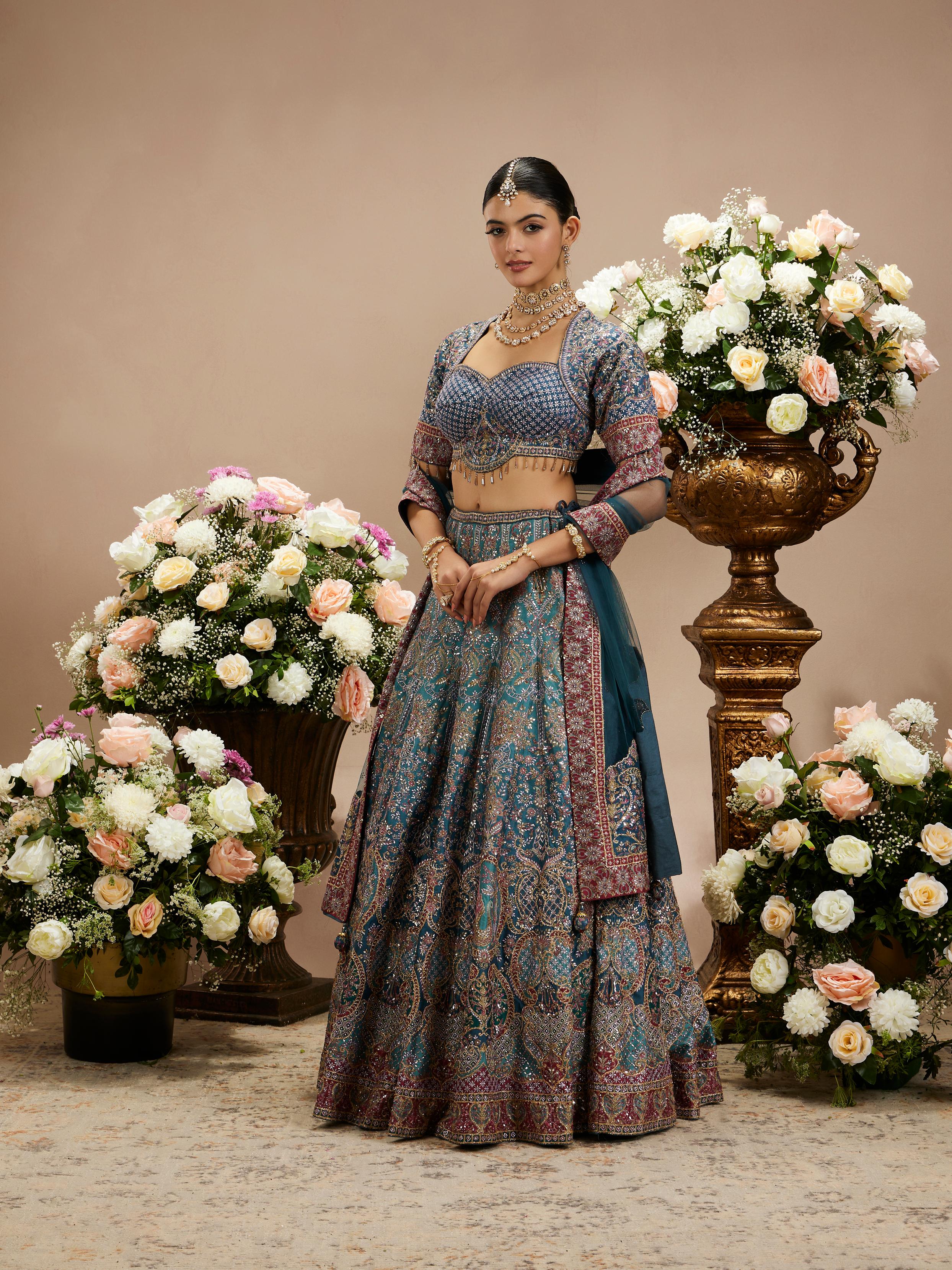 Twamev Women Cool Grey Zari Embroidered Bridal Lehenga with Floral And Peacock Motifs