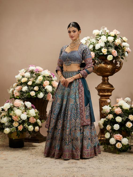 Twamev Women Cool Grey Zari Embroidered Bridal Lehenga with Floral And Peacock Motifs
