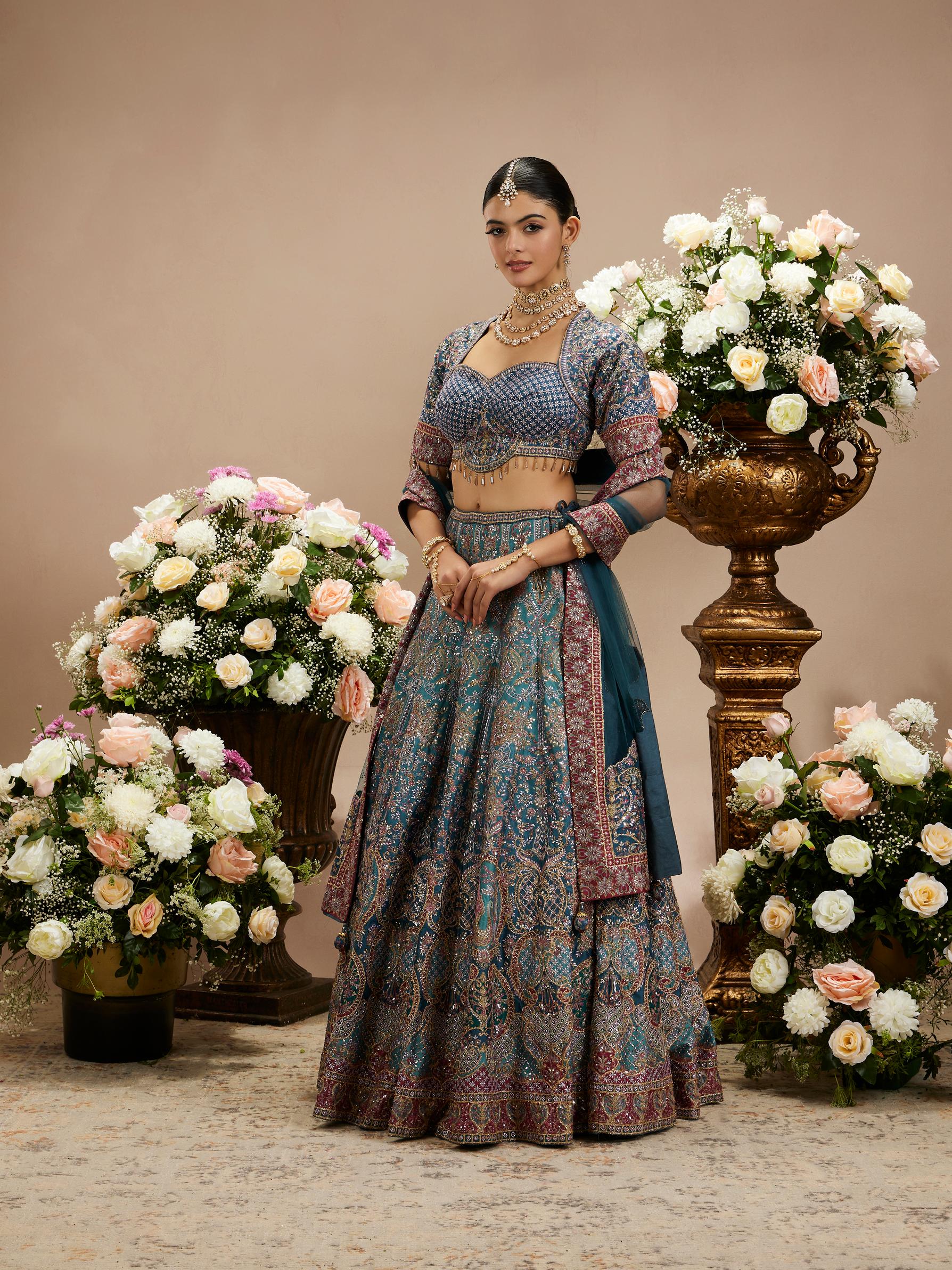 Twamev Women Cool Grey Zari Embroidered Bridal Lehenga with Floral And Peacock Motifs