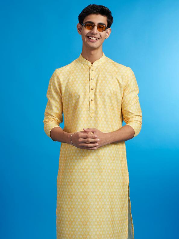 Diwas Men Sunshine Yellow Jaal Printed Kurta