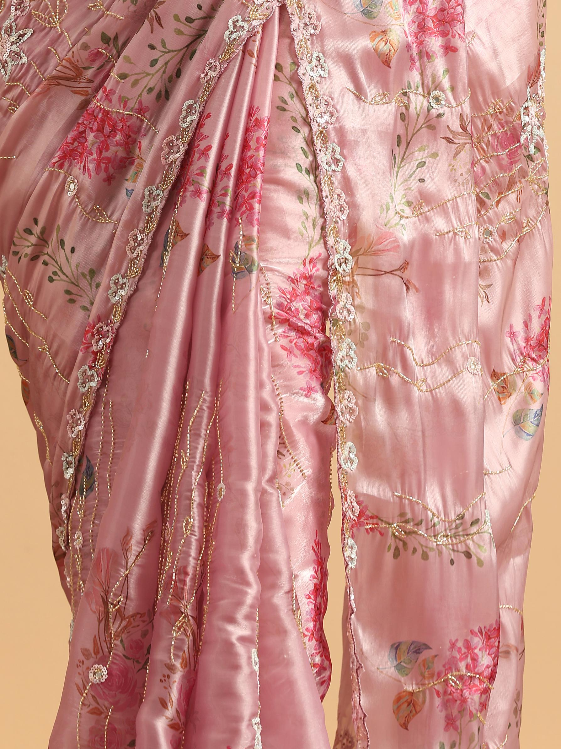 Twamev Women Majestic Purple Floral Organza Saree