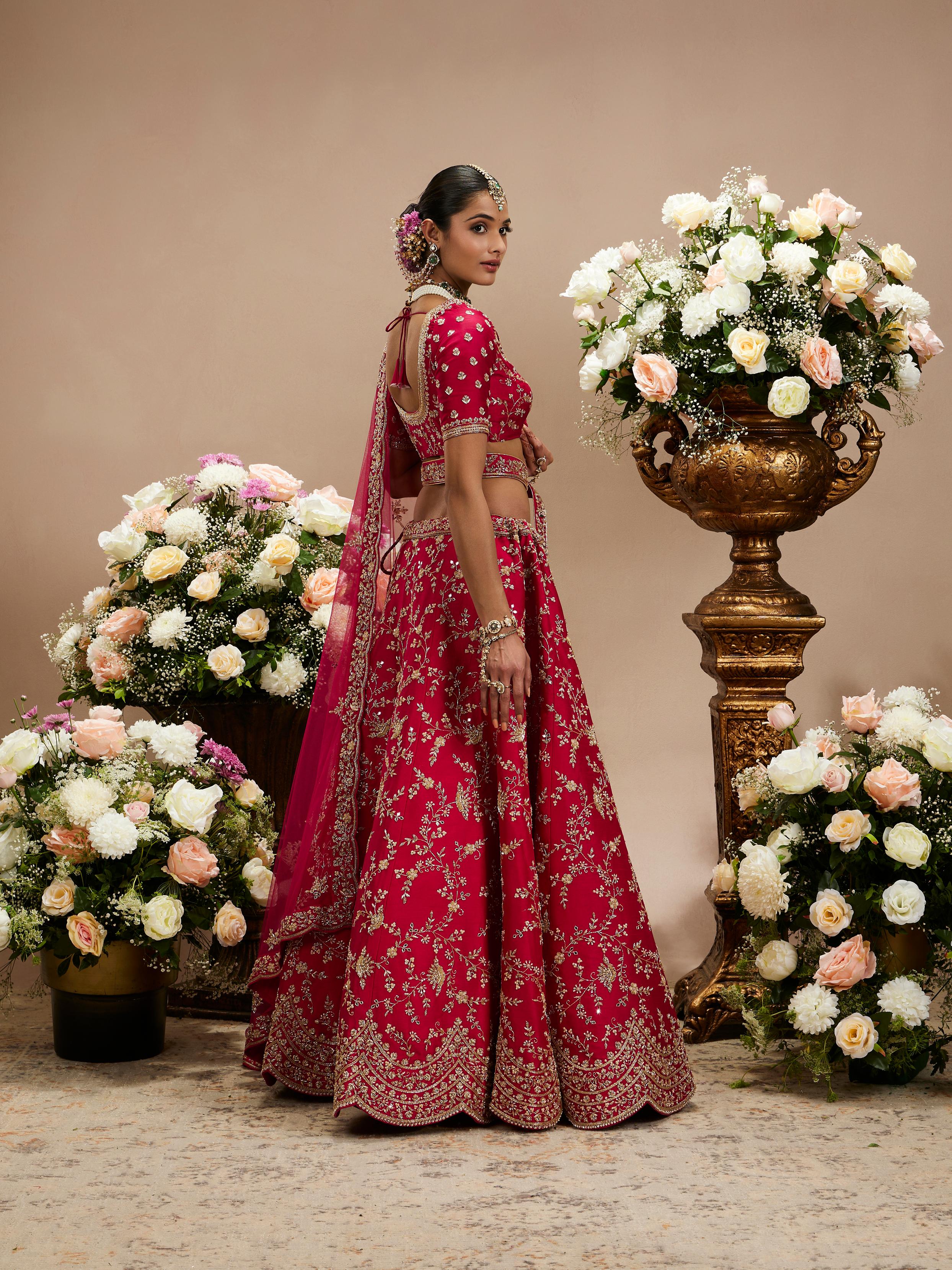 Twamev Women Rani Pink Bel Buti Embroidered Lehenga with Scalloped Borders And Pillow Trim Latkans