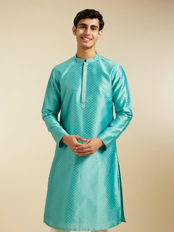 Diwas Men Aqua Green Lattice Patterned Kurta with Striped Placket