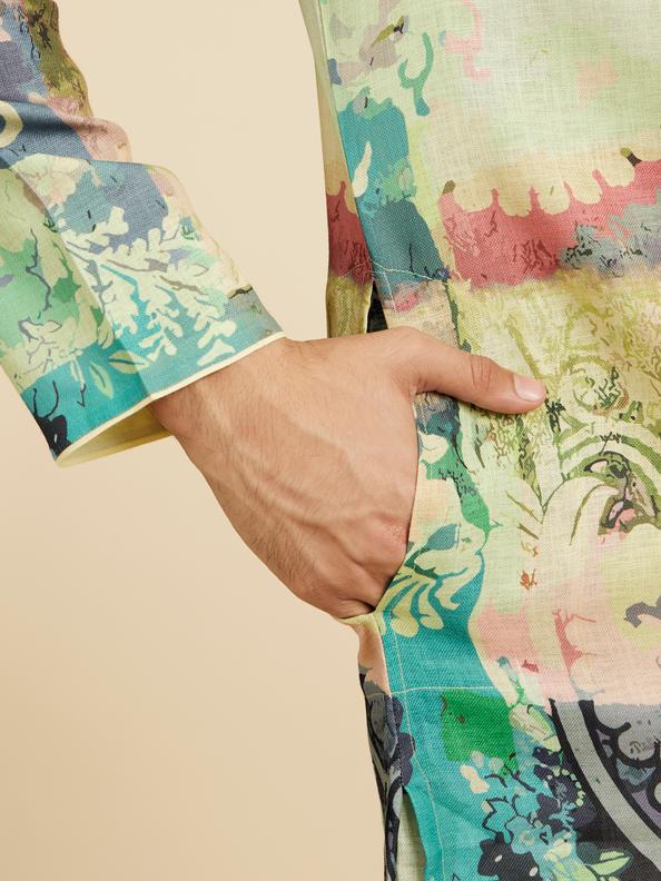Diwas Men Soft Green Botanical Printed Kurta