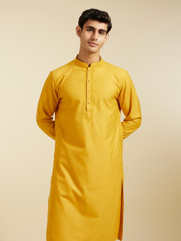 Diwas Men Mustard Yellow Plain Classic Kurta with Embroidered Neckline