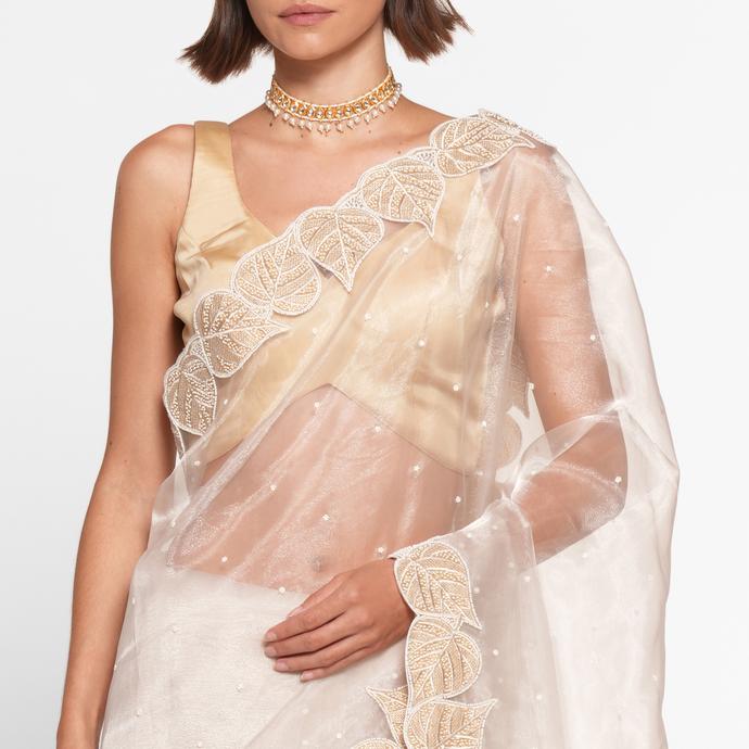 Twamev Women Creamy Elegance Organza Saree