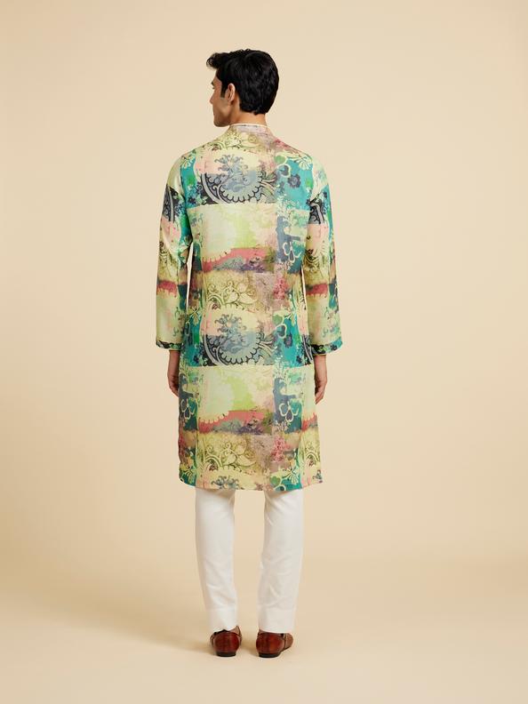 Diwas Men Soft Green Botanical Printed Kurta