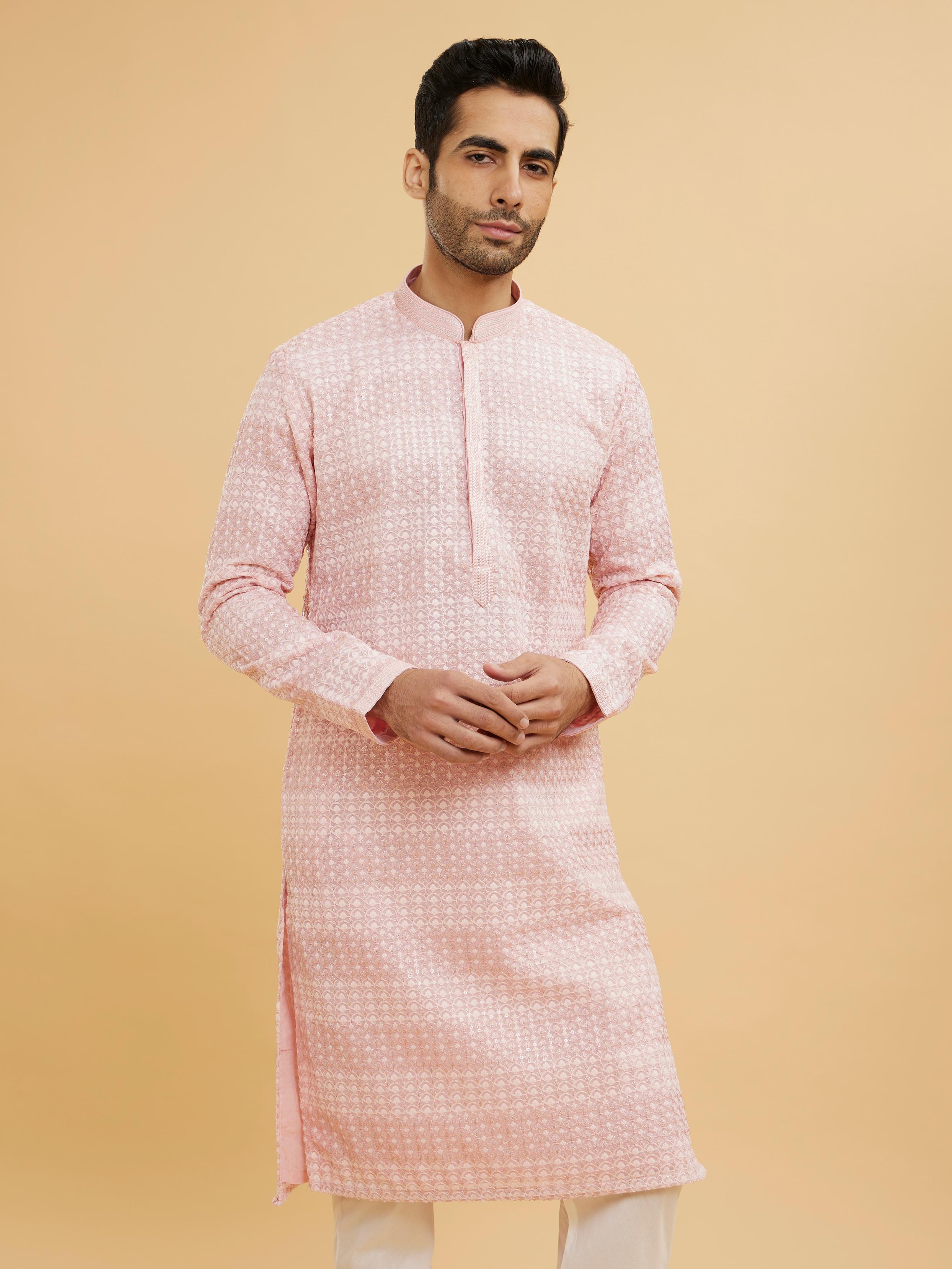 Twamev Men Millennial Pink Chikankari Grid Patterned Kurta Set