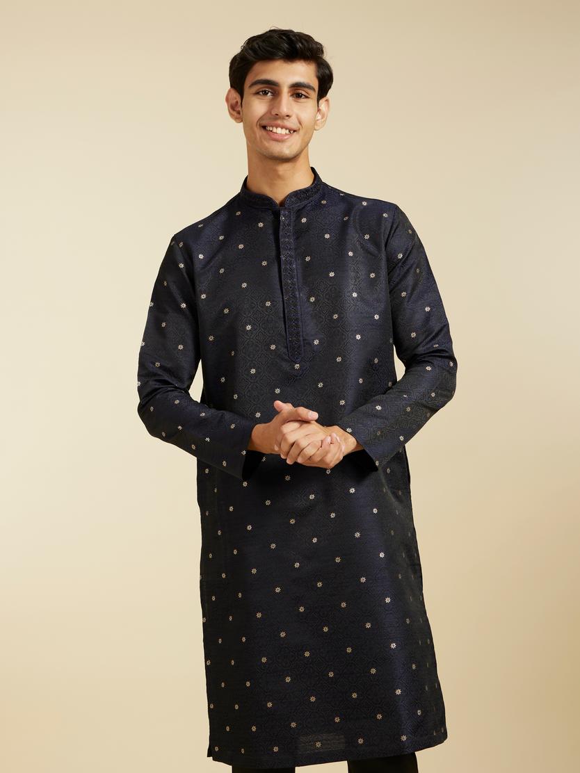 Diwas Men Indigo Blue Grid Patterned Kurta with Floral Embroidery