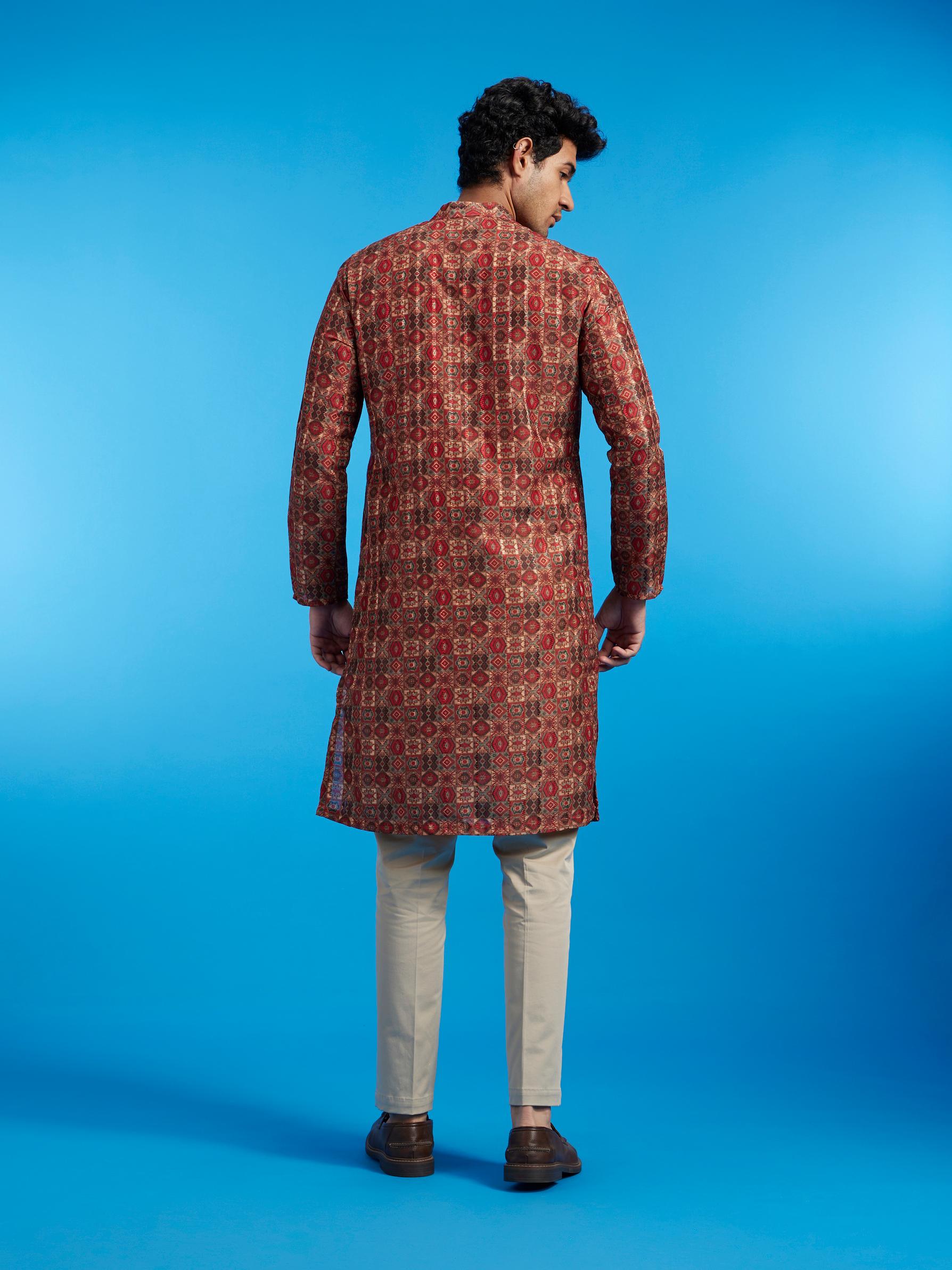 Diwas Men Rust Red Aztec Printed Kurta
