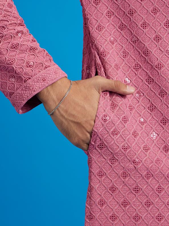 Diwas Men Dusty Pink Chikankari Kurta With Sequins