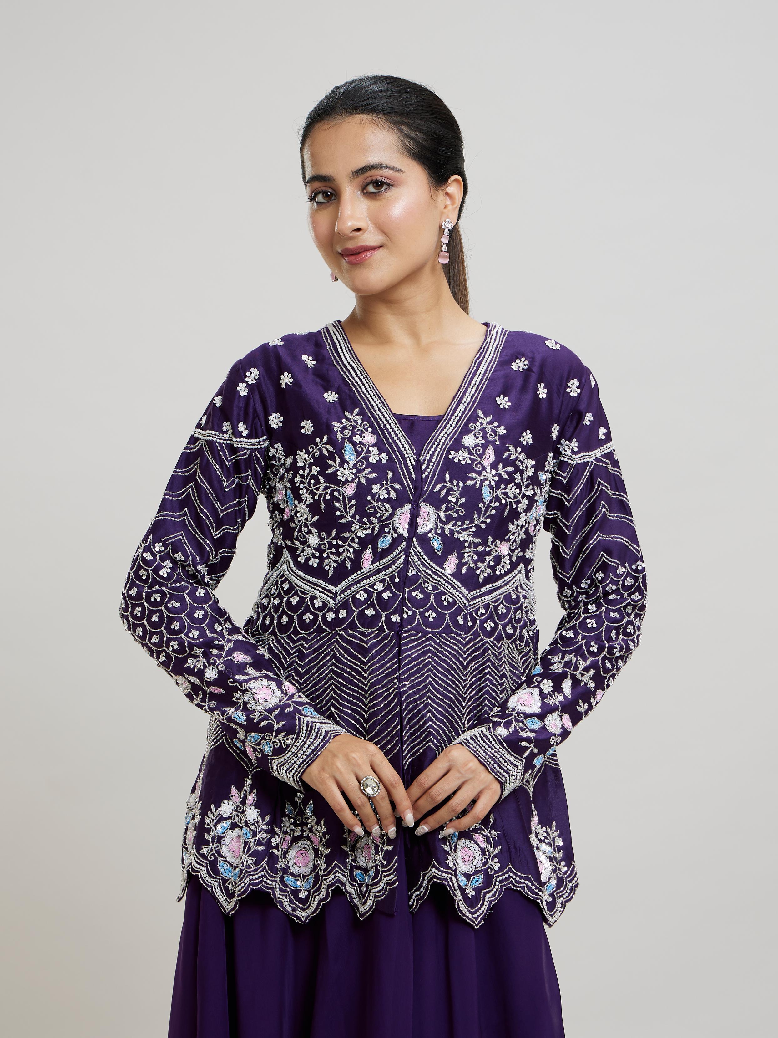 Twamev Women Elegant Purple Stitched Suit